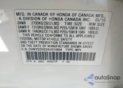 2010 Acura Mdx из США, поврежденный, VIN 2HNYD2H22AH514464